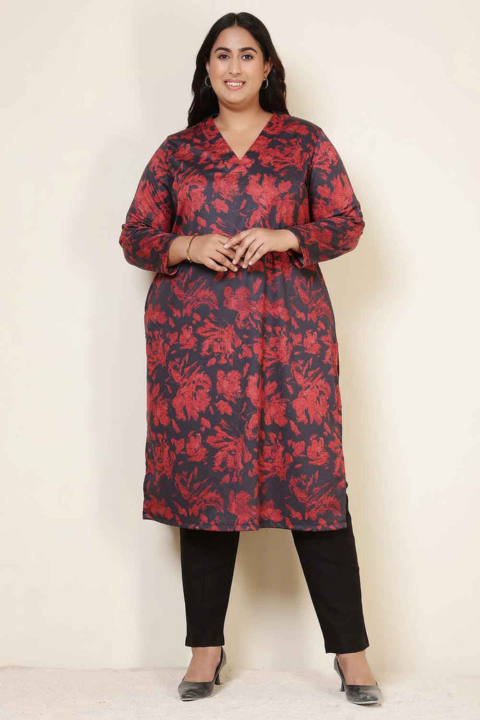 Plus Size Red Floral V Neck SnugWeave™ Winter Kurta