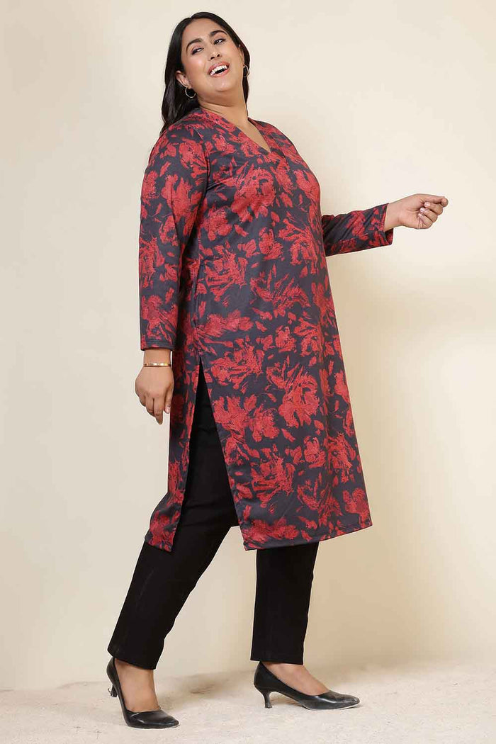 Plus Size Red Floral V Neck SnugWeave™ Winter Kurta