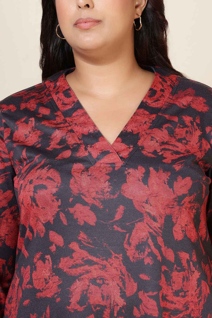 Plus Size Red Floral V Neck SnugWeave™ Winter Kurta