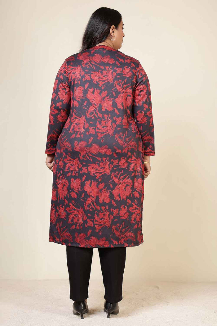 Plus Size Red Floral V Neck SnugWeave™ Winter Kurta