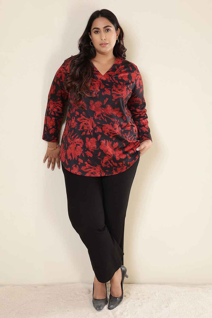 Plus Size Red Floral V Neck SnugWeave Winter Top
