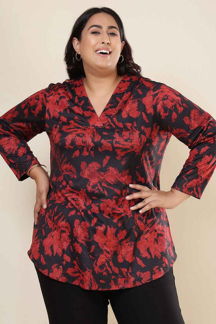 Plus Size Red Floral V Neck SnugWeave Winter Top