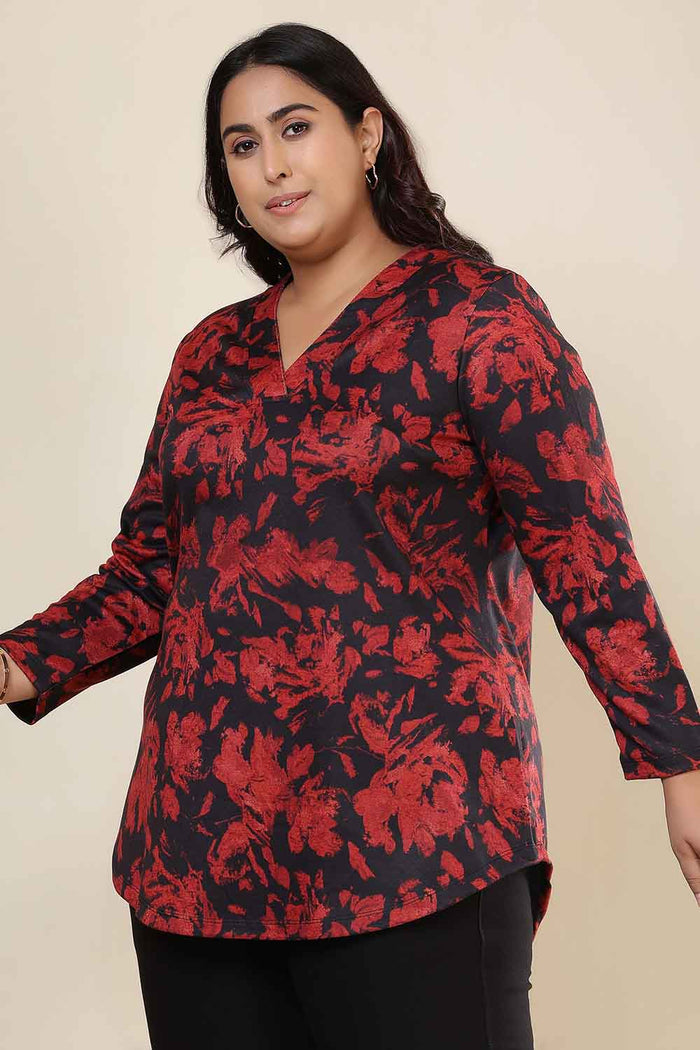 Plus Size Red Floral V Neck SnugWeave Winter Top