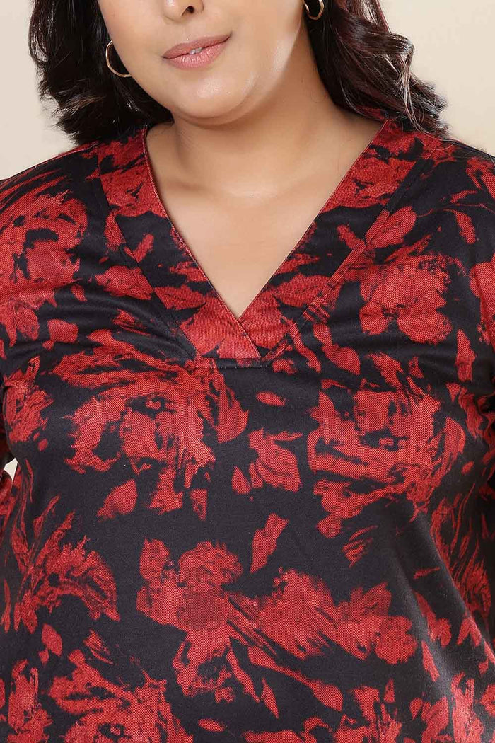 Plus Size Red Floral V Neck SnugWeave Winter Top