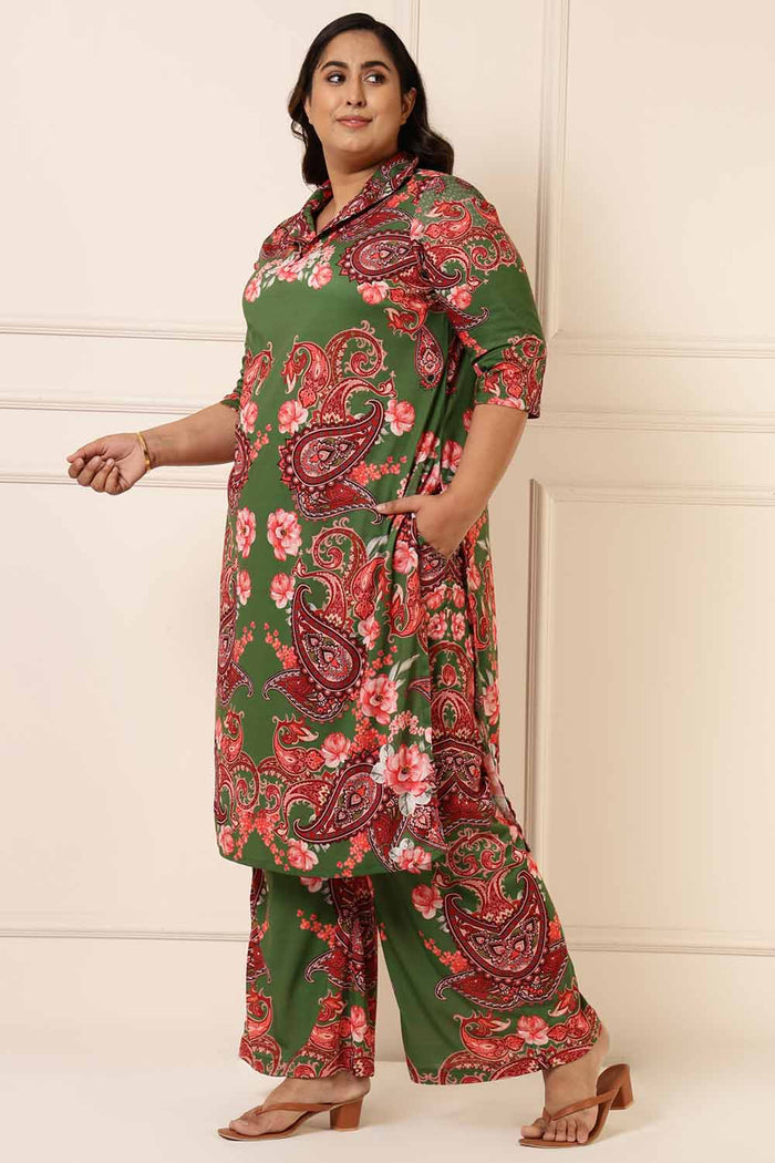Plus Size Red Green Floral Coord Set
