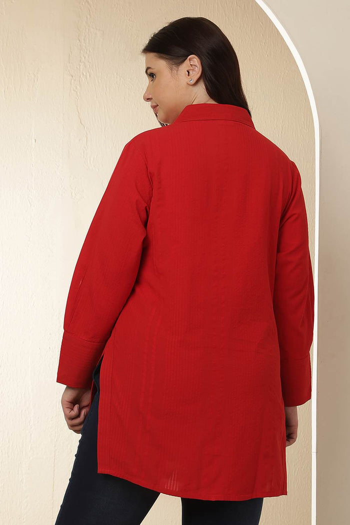 Plus Size Red High Slit Styled Cuff Cotton Shirt