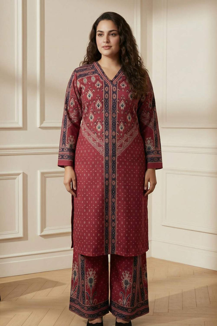 Plus Size Red Printed SnugWeave™ Winter Kurta Coord Set