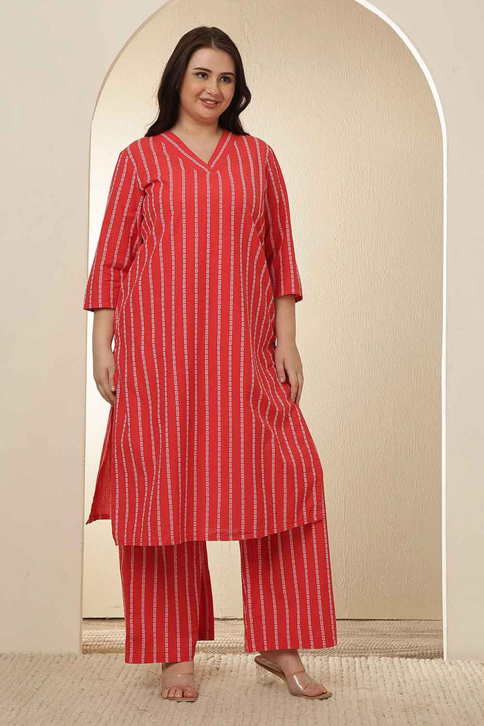 Plus Size Red Stripe Cotton Kurta Coord Set