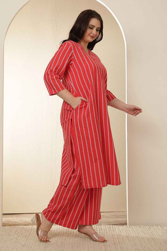 Plus Size Red Stripe Cotton Kurta Coord Set