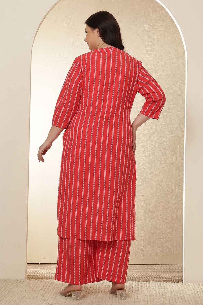 Plus Size Red Stripe Cotton Kurta Coord Set