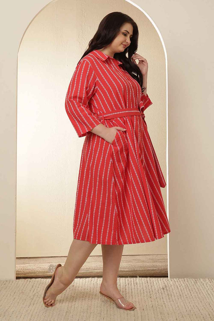 Plus Size Red Stripe Cotton Shirt Dress