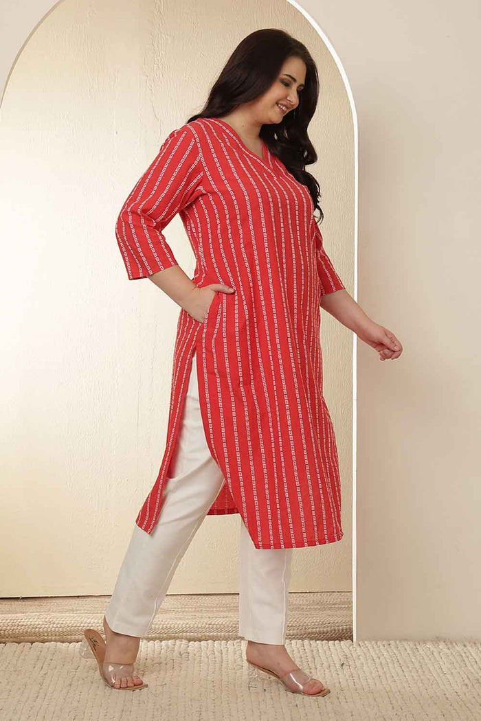 Plus Size Red Stripe Cotton V Neck Kurta