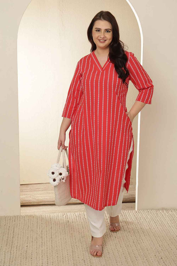 Plus Size Red Stripe Cotton V Neck Kurta