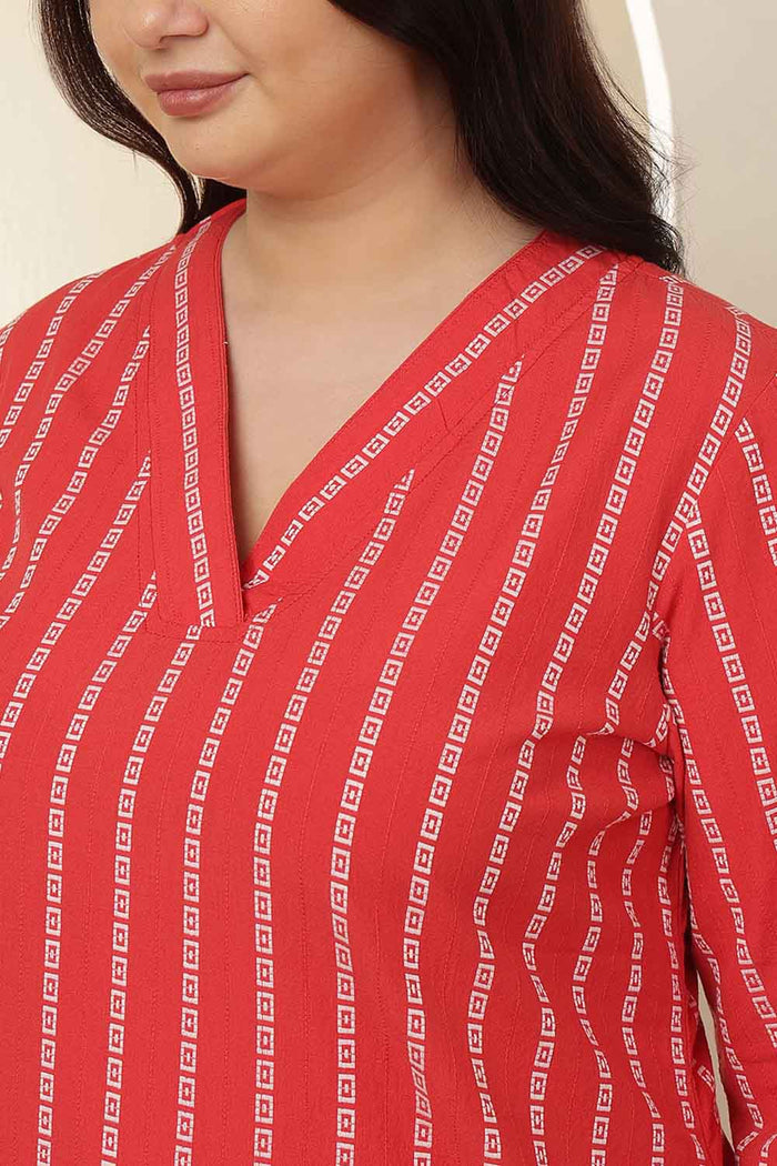 Plus Size Red Stripe Cotton V Neck Kurta