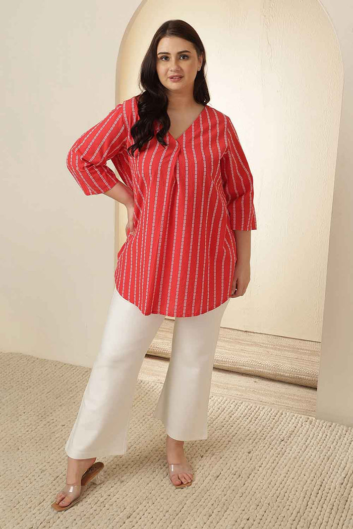 Plus Size Red Stripe V Neck Cotton Top