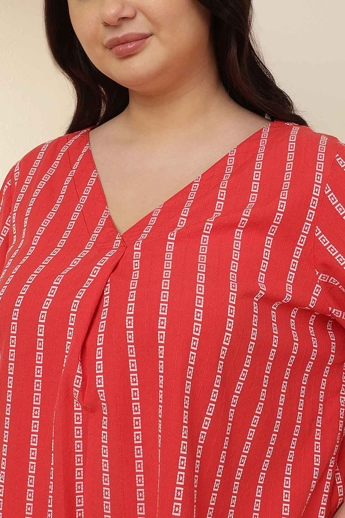 Plus Size Red Stripe V Neck Cotton Top