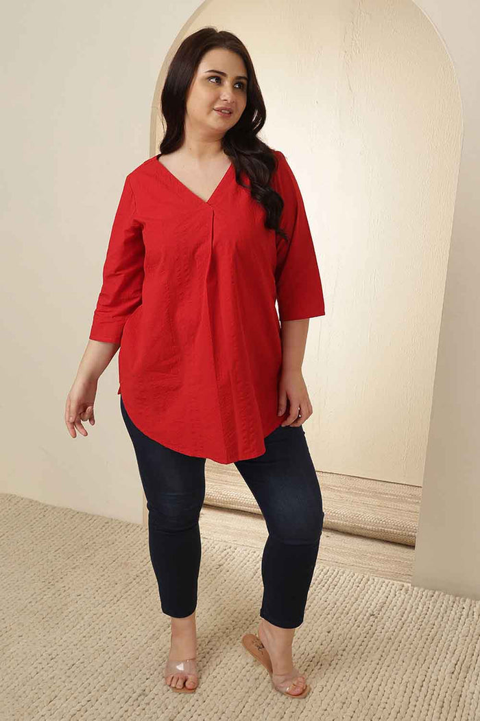 Plus Size Red V Neck Cotton Top