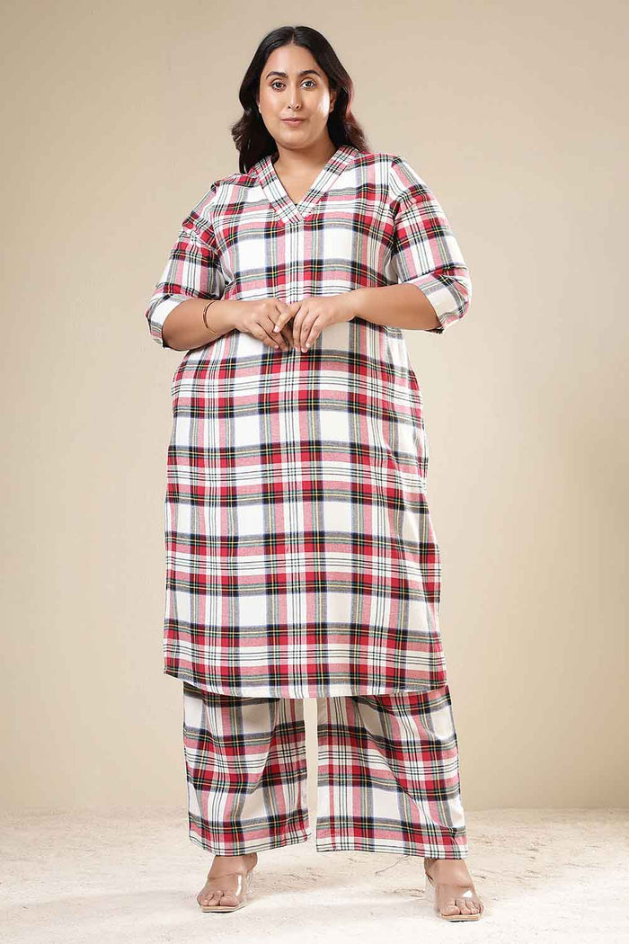 Plus Size Red & White Checkered Cotton Flannel Kurta Coord Set