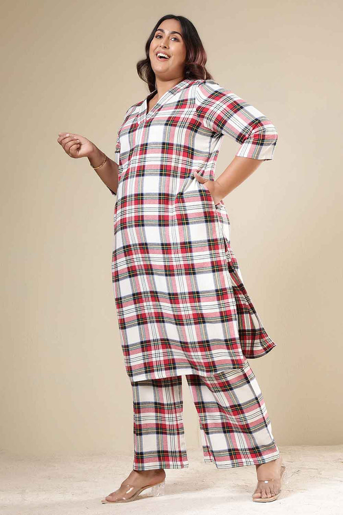 Plus Size Red & White Checkered Cotton Flannel Kurta Coord Set