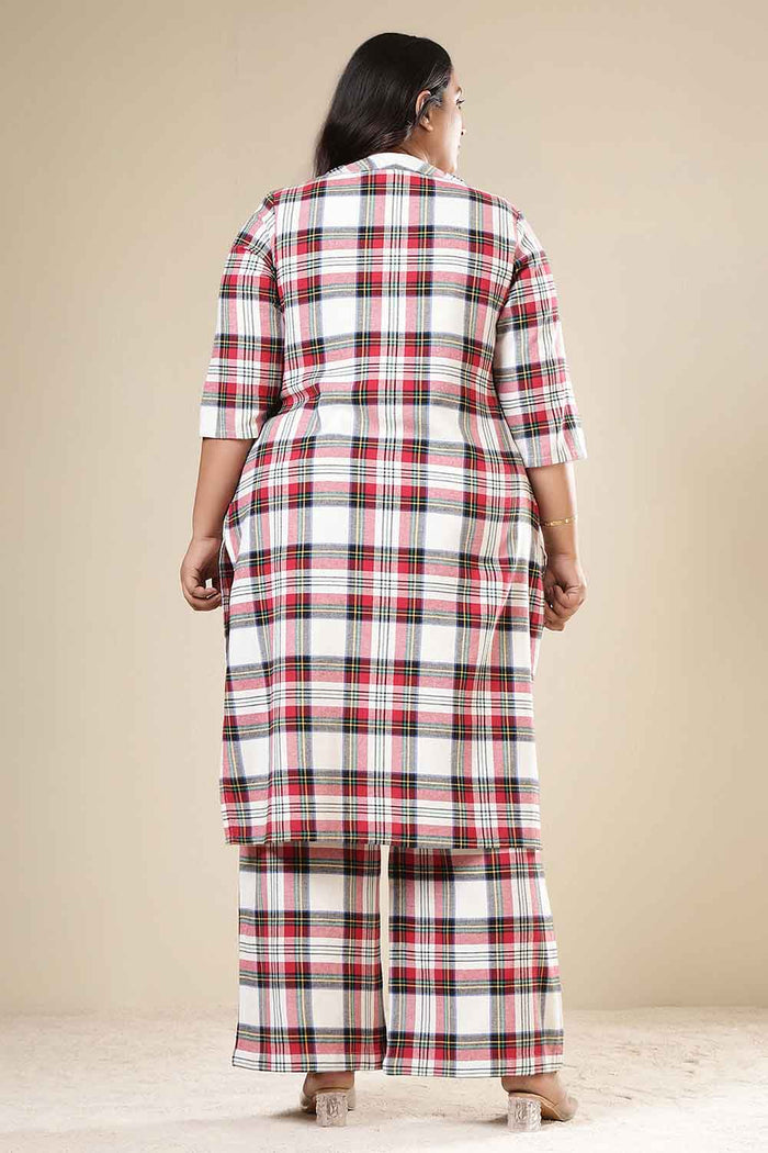 Plus Size Red & White Checkered Cotton Flannel Kurta Coord Set