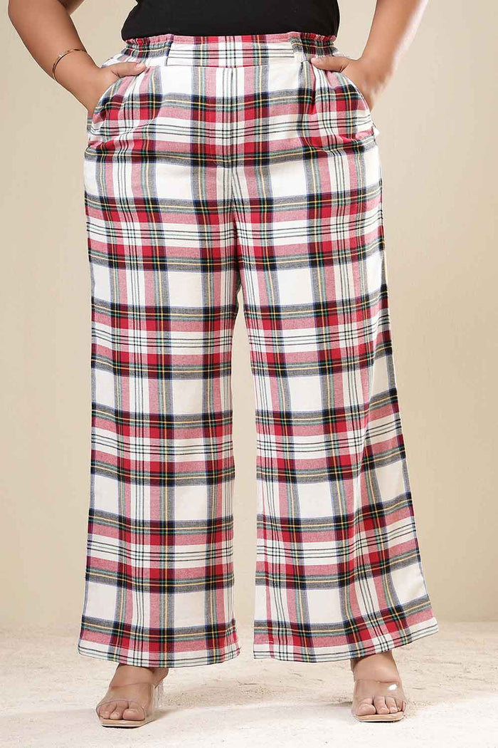 Plus Size Red & White Checkered Cotton Flannel Kurta Coord Set