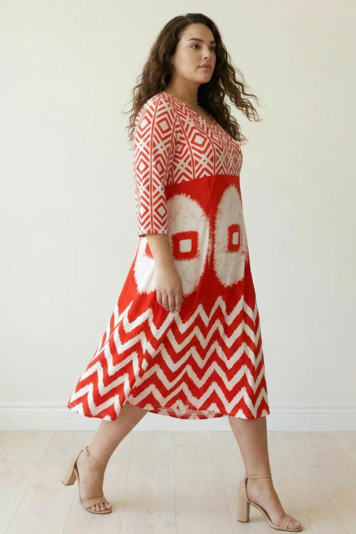 Plus Size Red & White Geometric Print A line Dress