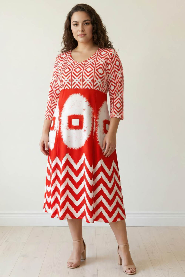 Plus Size Red & White Geometric Print A line Dress