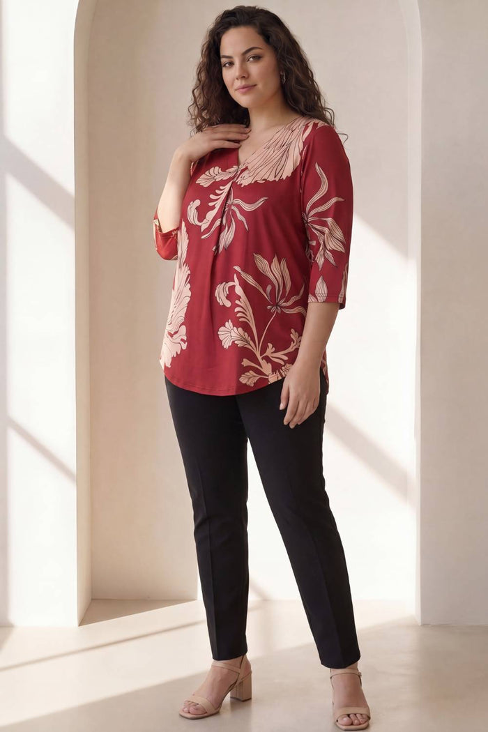 Plus Size Red White Tropical Print Centre Pleat Top