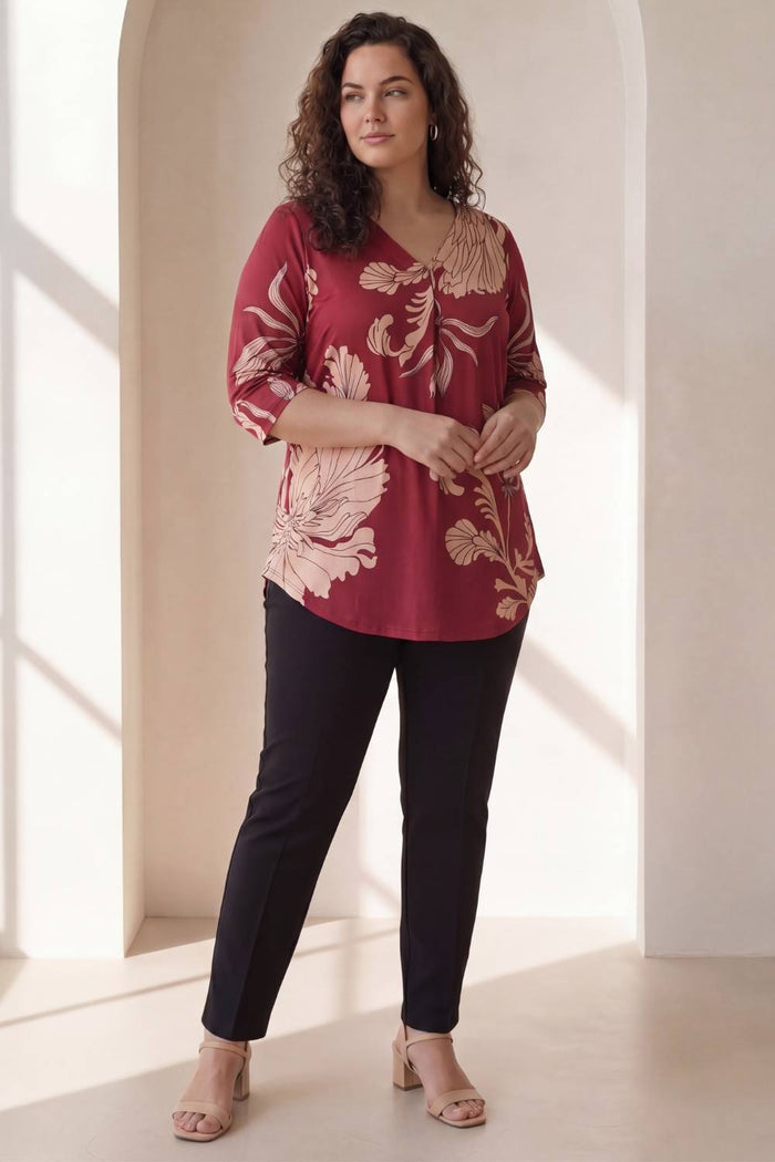 Plus Size Red White Tropical Print Centre Pleat Top