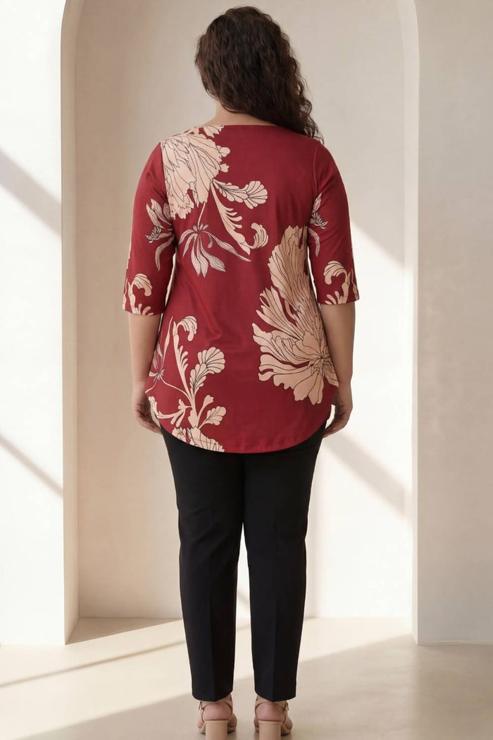 Plus Size Red White Tropical Print Centre Pleat Top