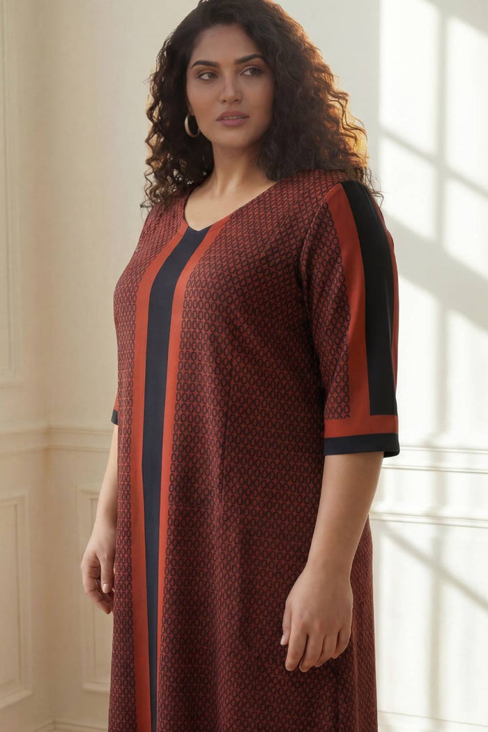 Plus Size Rust Geometric Print A-Line Dress