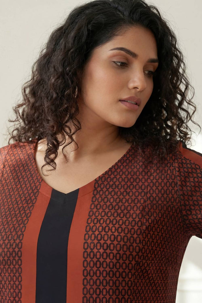 Plus Size Rust Geometric Print A-Line Dress
