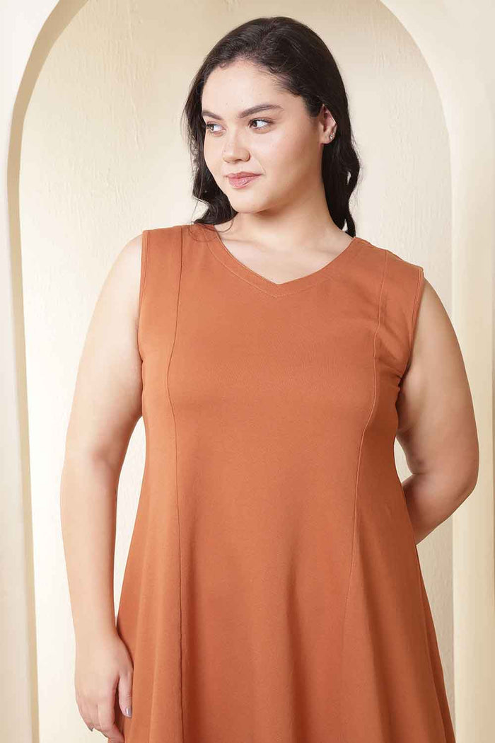 Plus Size Rust Orange A-Line Cotton Sleeveless Dress