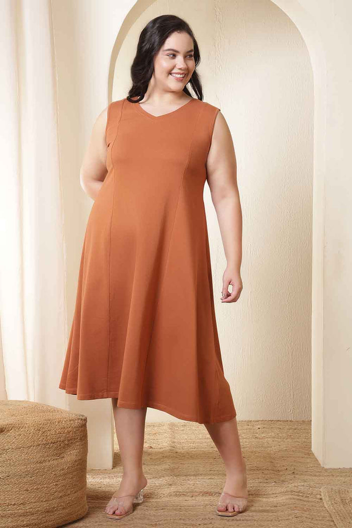 Plus Size Rust Orange A-Line Cotton Sleeveless Dress