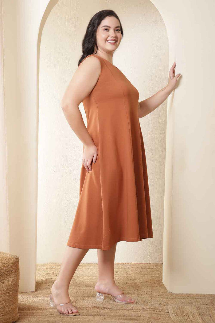Plus Size Rust Orange A-Line Cotton Sleeveless Dress