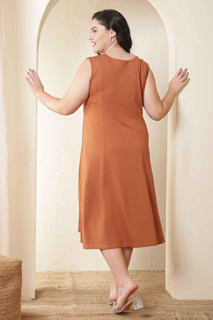 Plus Size Rust Orange A-Line Cotton Sleeveless Dress