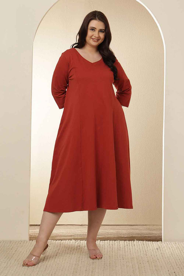Plus Size Rust Red A-Line Cotton Dress