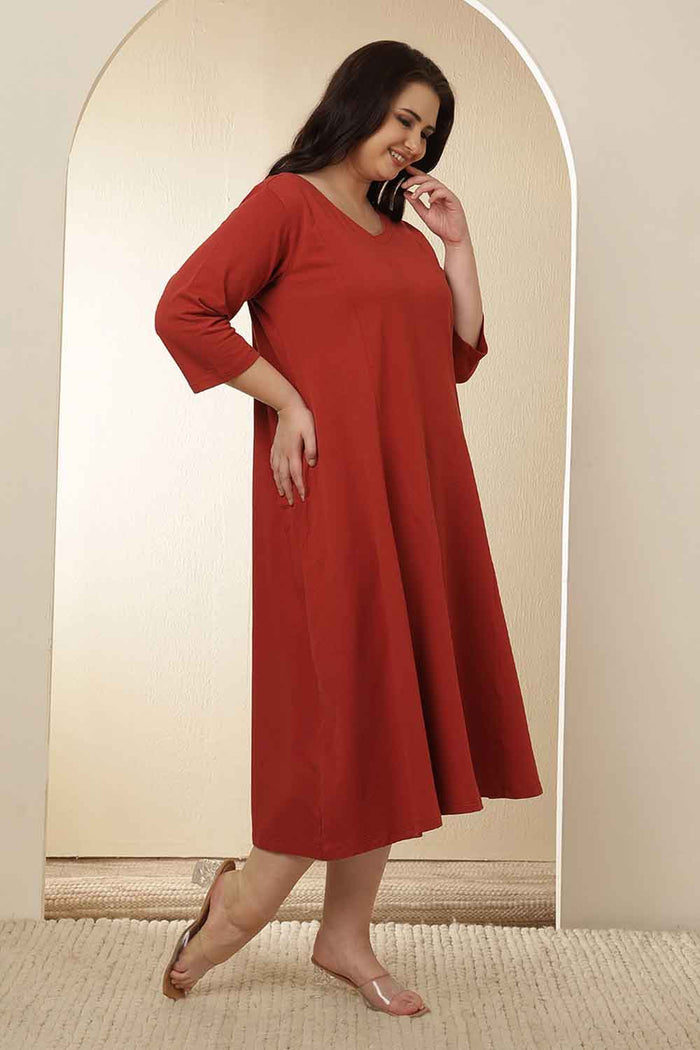 Plus Size Rust Red A-Line Cotton Dress