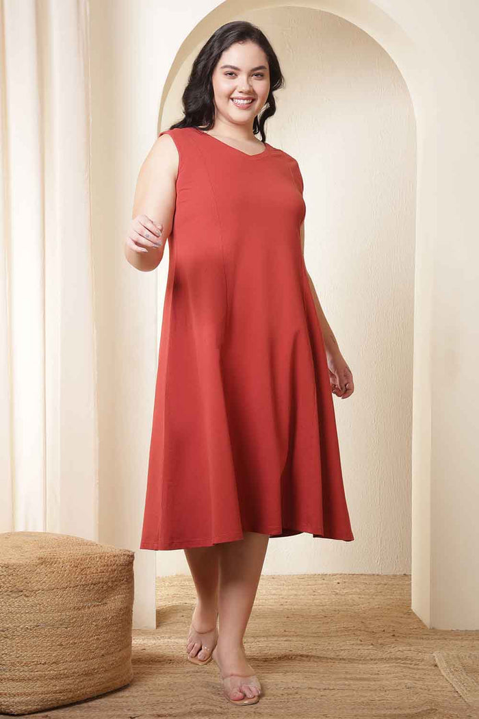 Plus Size Rust Red A-Line Cotton Sleeveless Dress