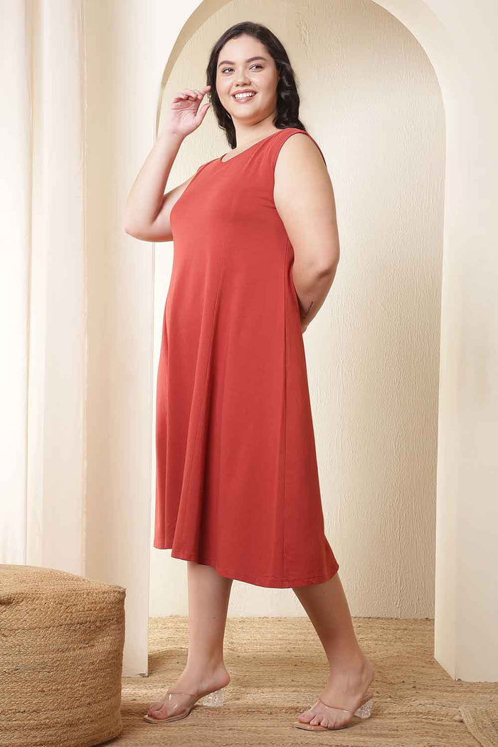 Plus Size Rust Red A-Line Cotton Sleeveless Dress