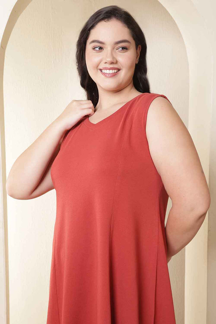 Plus Size Rust Red A-Line Cotton Sleeveless Dress