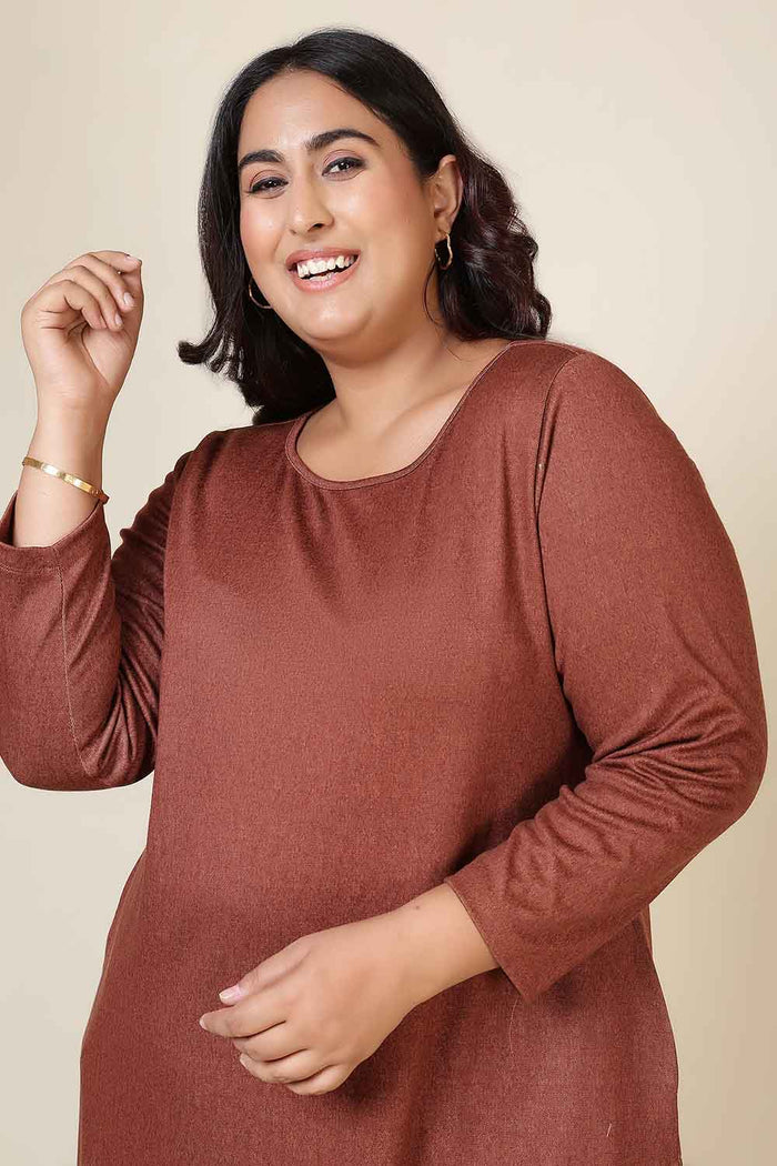 Plus Size Rust Round Neck SnugWeave™ Winter Kurta