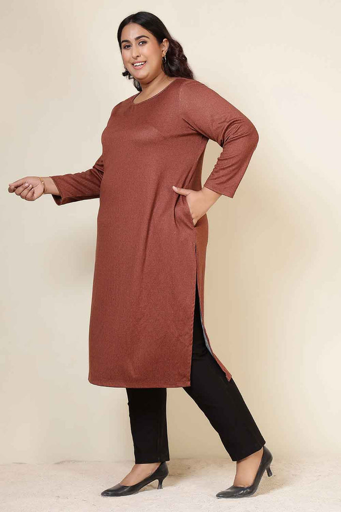Plus Size Rust Round Neck SnugWeave™ Winter Kurta