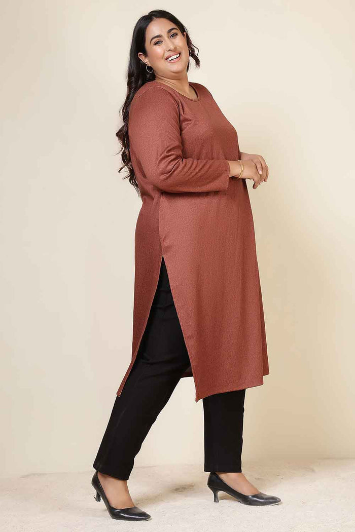 Plus Size Rust Round Neck SnugWeave™ Winter Kurta
