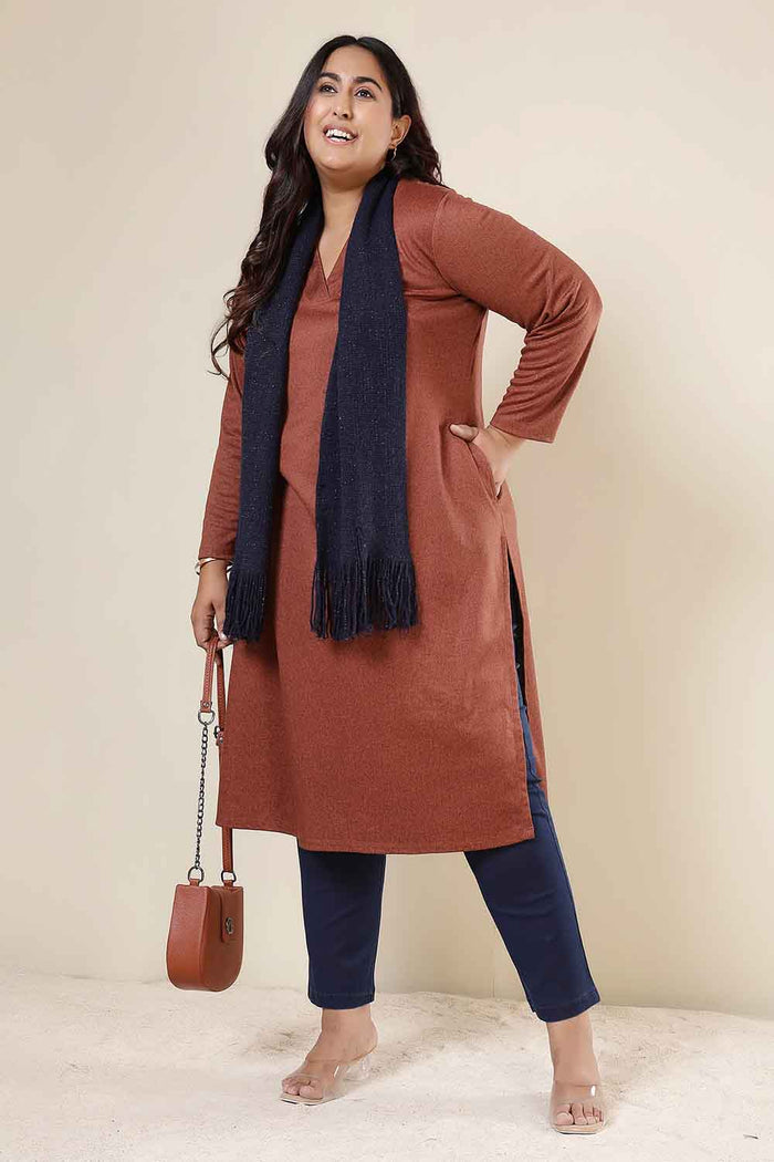 Plus Size Rust V Neck SnugWeave™ Winter Kurta
