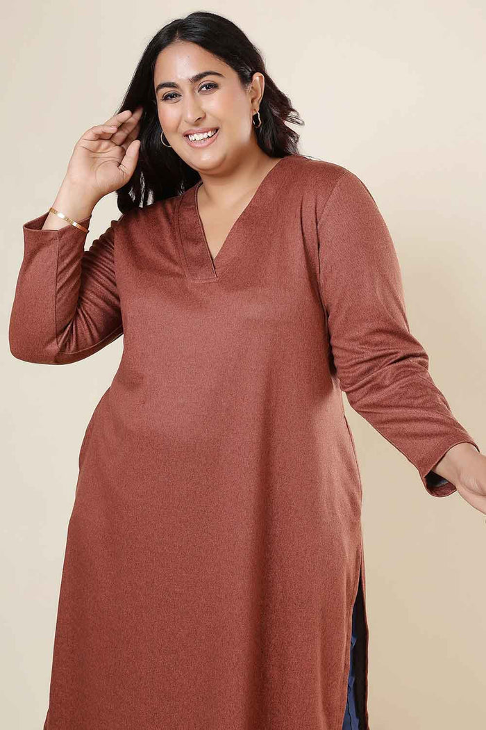 Plus Size Rust V Neck SnugWeave™ Winter Kurta
