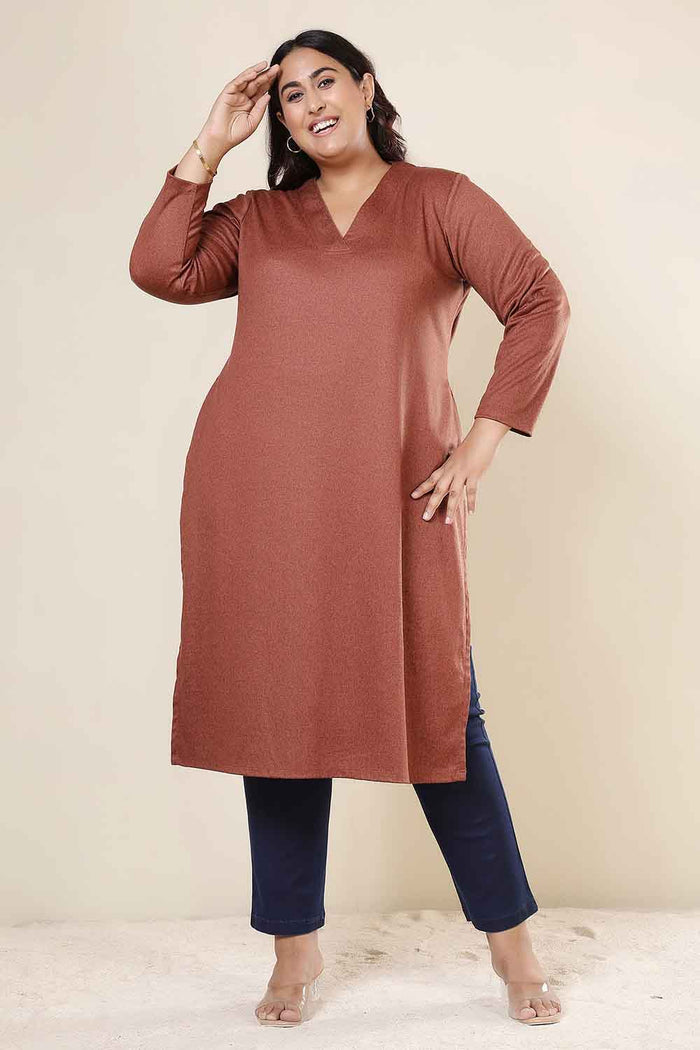 Plus Size Rust V Neck SnugWeave™ Winter Kurta