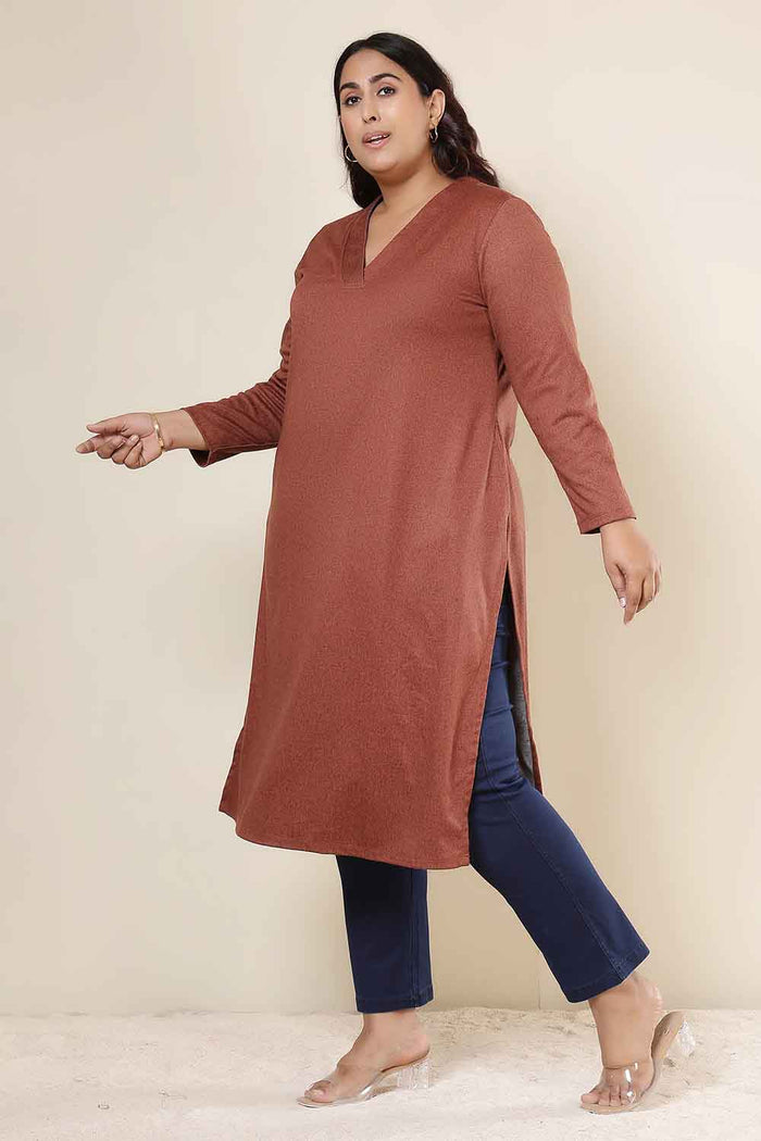 Plus Size Rust V Neck SnugWeave™ Winter Kurta