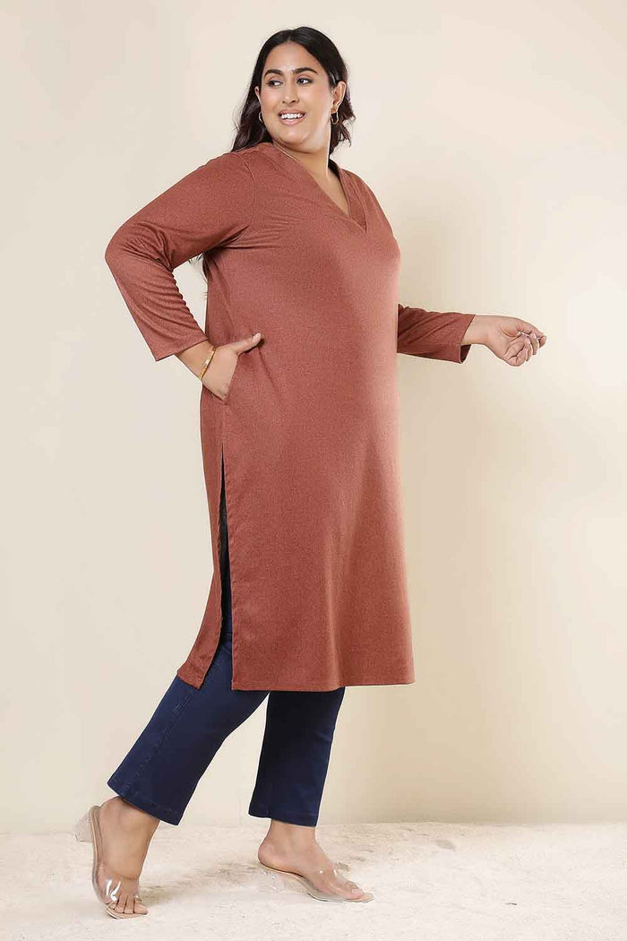 Plus Size Rust V Neck SnugWeave™ Winter Kurta