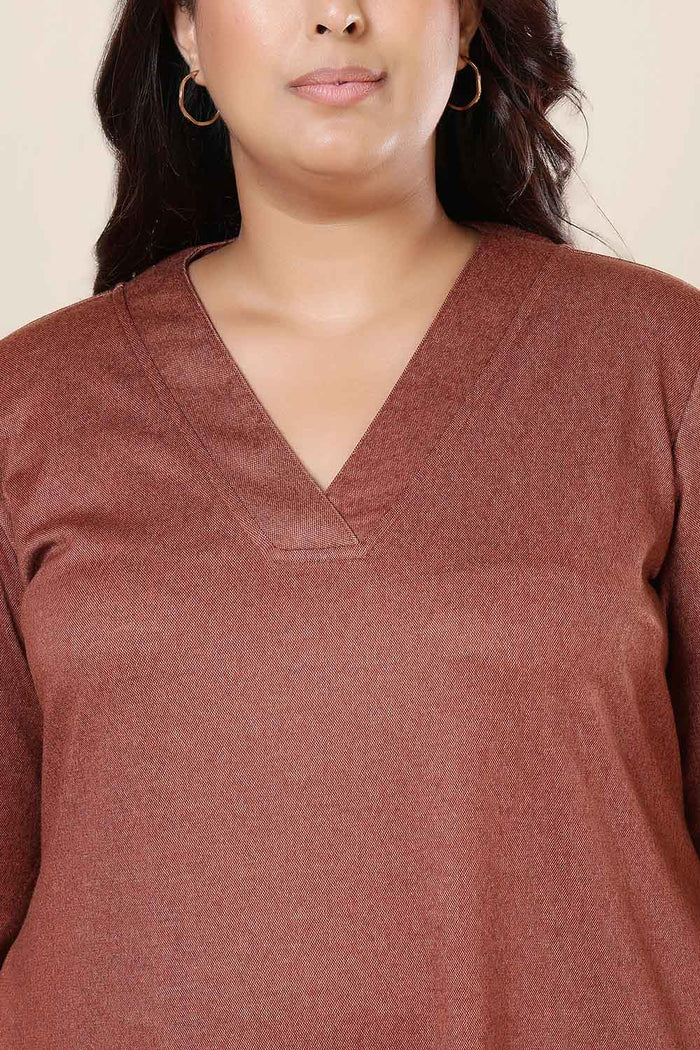 Plus Size Rust V Neck SnugWeave™ Winter Kurta